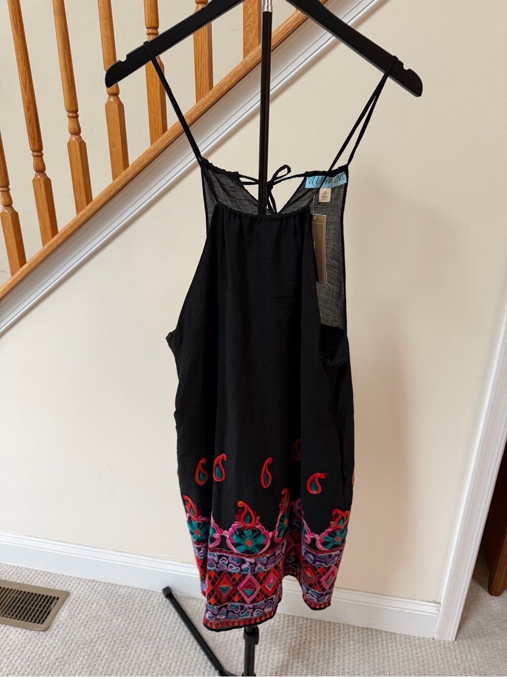 dina be Black Midi Dress with Pink, Teal & Red Embroidery